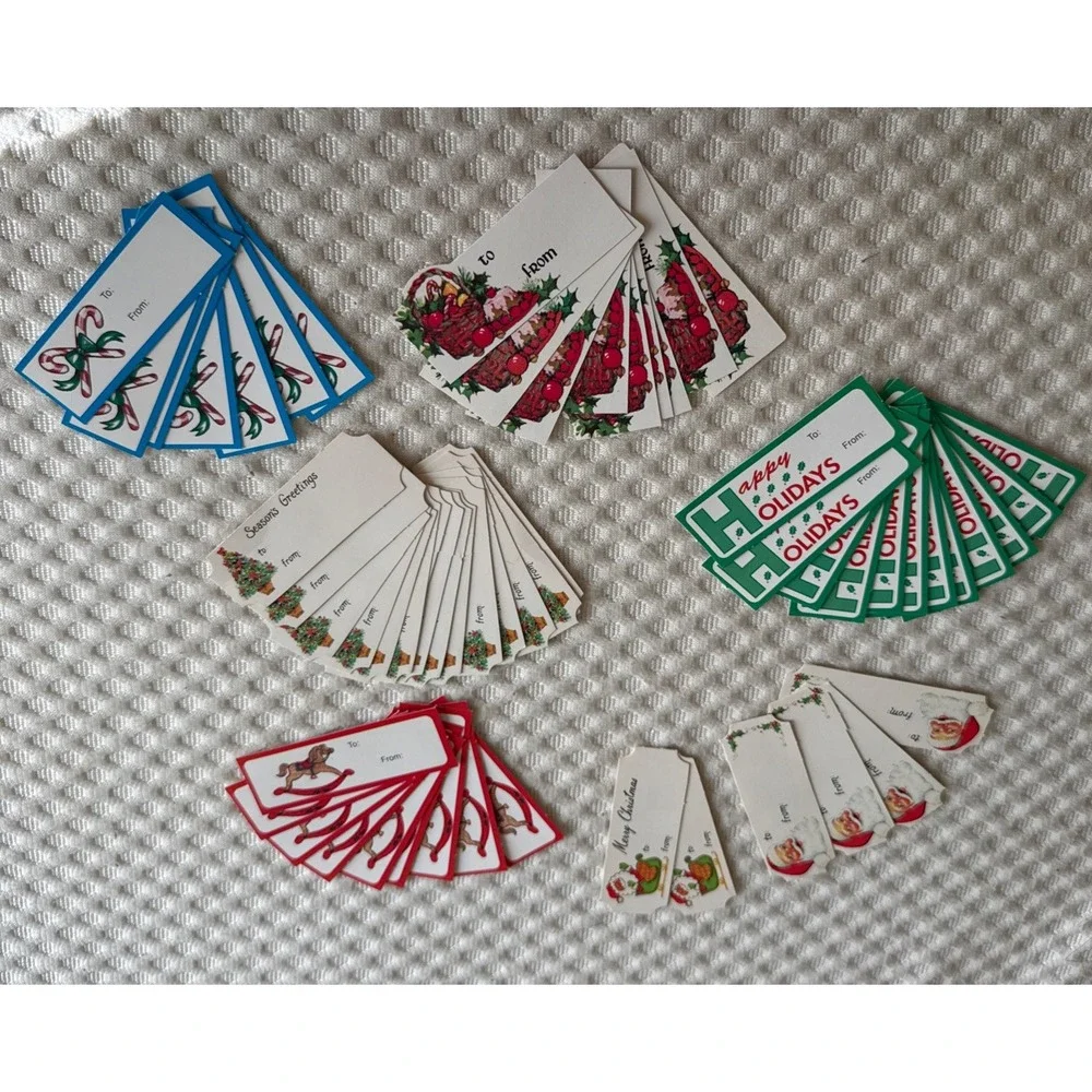 Vintage Lot of 58 Paper Christmas Gift Tags Cards Mid Century Holiday Stick Back